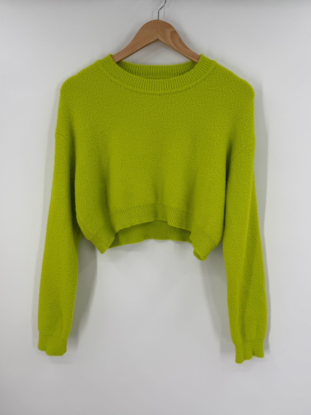 Zara Cropped Fuzzy Knit Crew Neck Sweater | Neon Green | Small